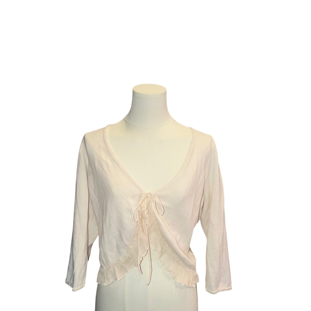 Vintage Axcess Tie Front Cardigan Cream Ruffle Trim Knit Shrug Y2K Coquette L